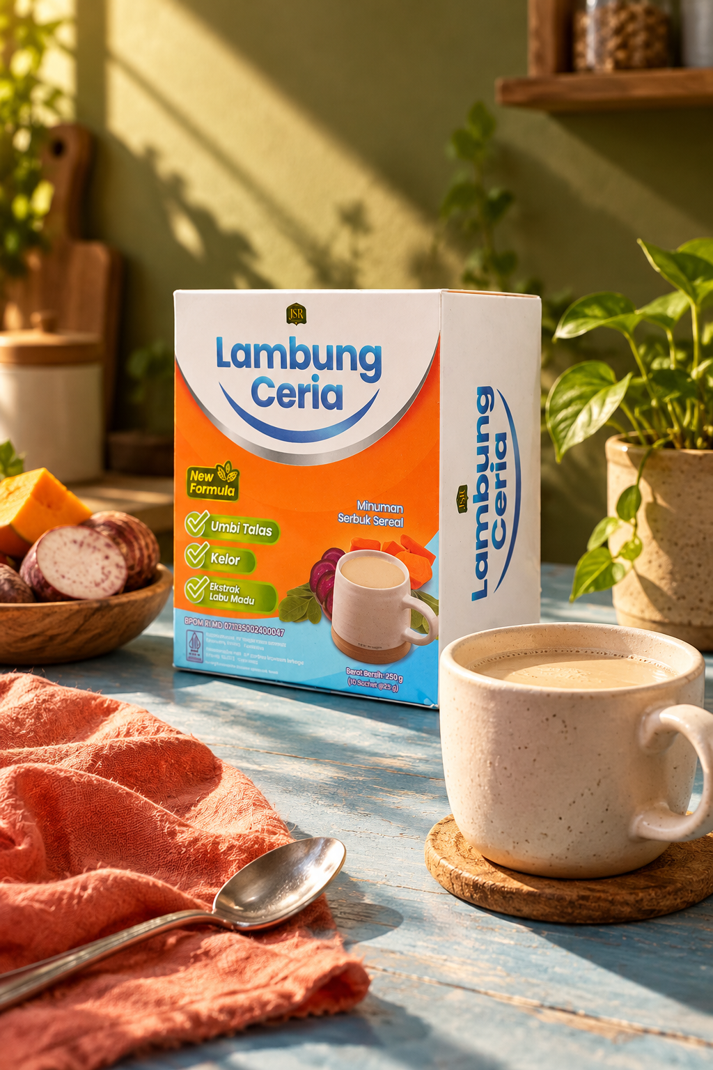 Foto konsep Lambung Ceria reguler dan secangkir seduhan dalam cahaya pagi